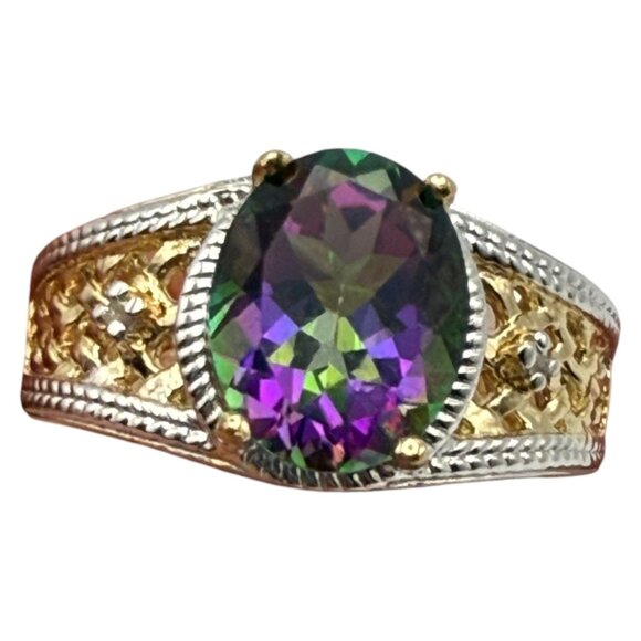 Mystic Topaz & Diamond Ring 3.25 Ct 14K Yellow Gold Over Sterling Silver Size 7 - Picture 2 of 4